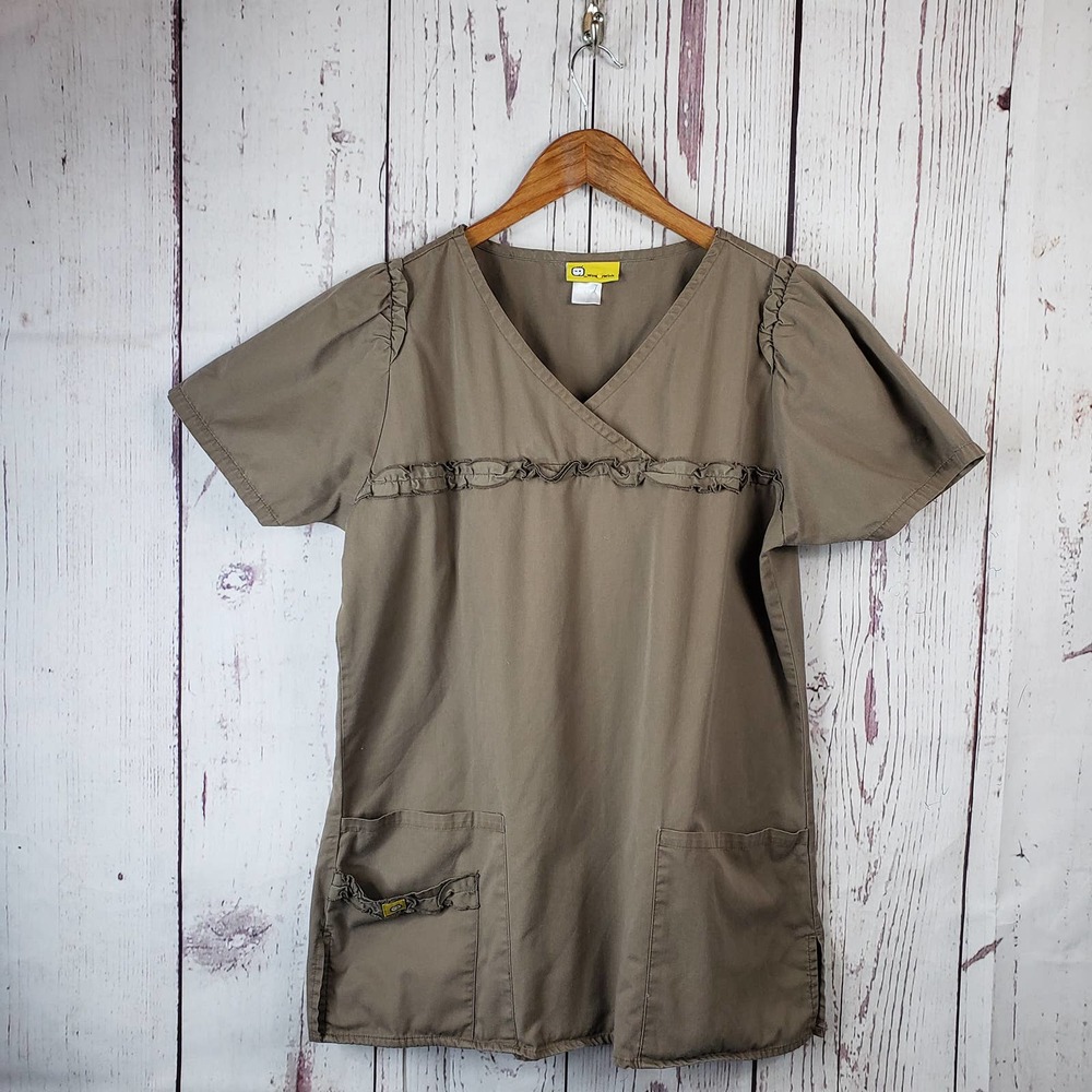 Wonder Wink Scrub Top Womens Size Medium Ruffles Short Sleeve Cotton Brown